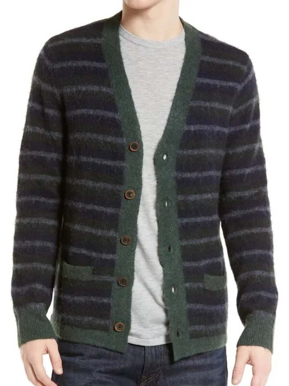 Rails Men's Green and Navy Striped knit wool jasper Cardigan Sweater
